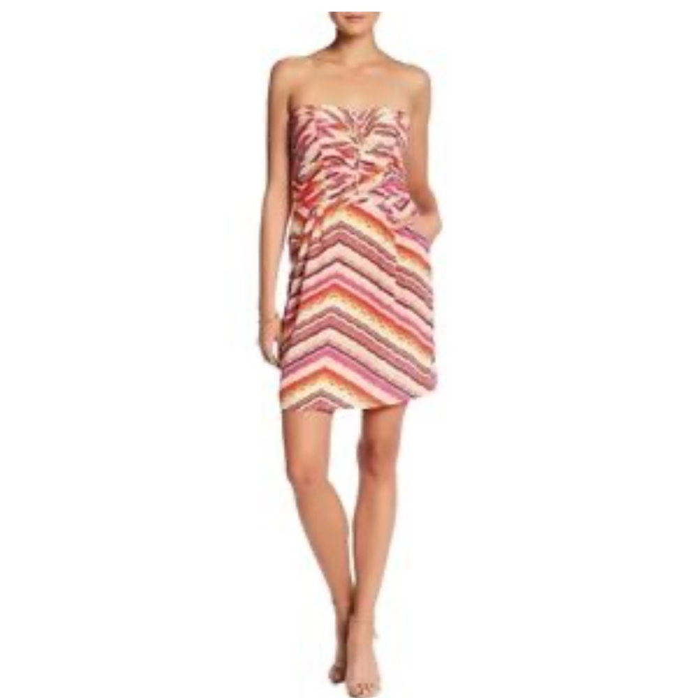 Charlie Jade Silk Strapless Chevron Dress in Pink and Orange